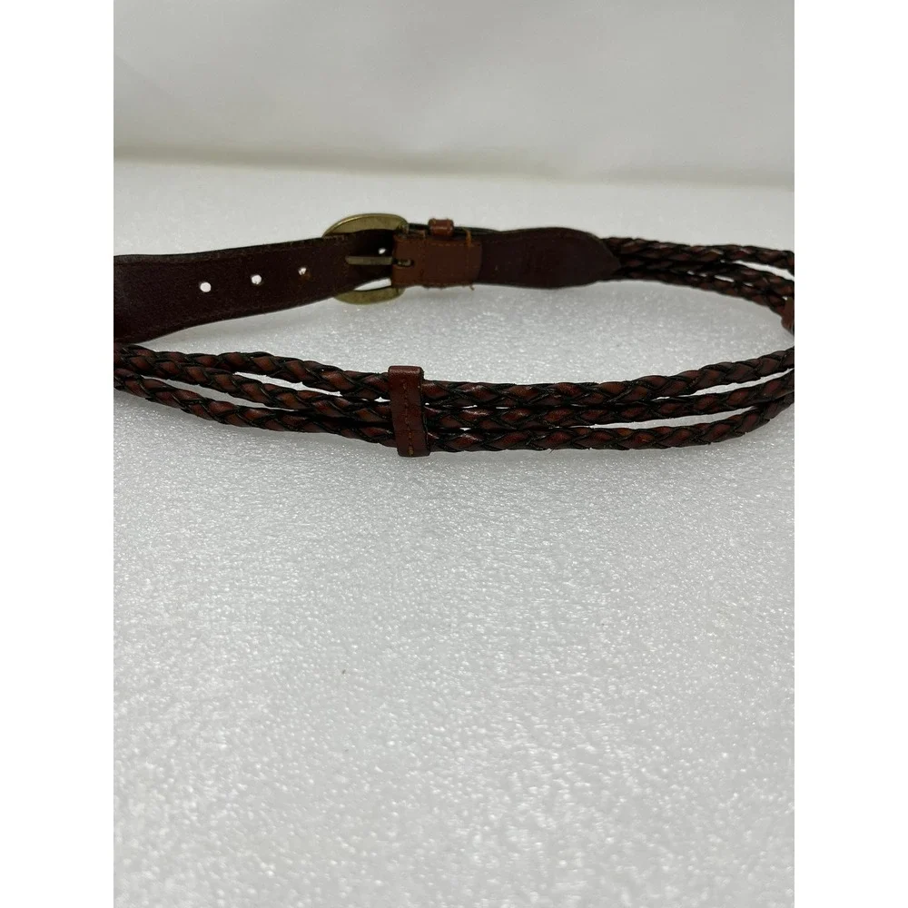 Talbots Womens M Brown Leather Braided Belt Solid Brass Buckle